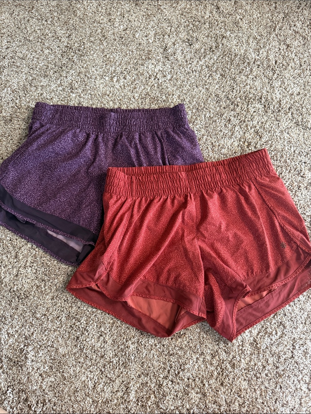 Athleta Mesh Racer Run Shorts — Purple & Rust Red